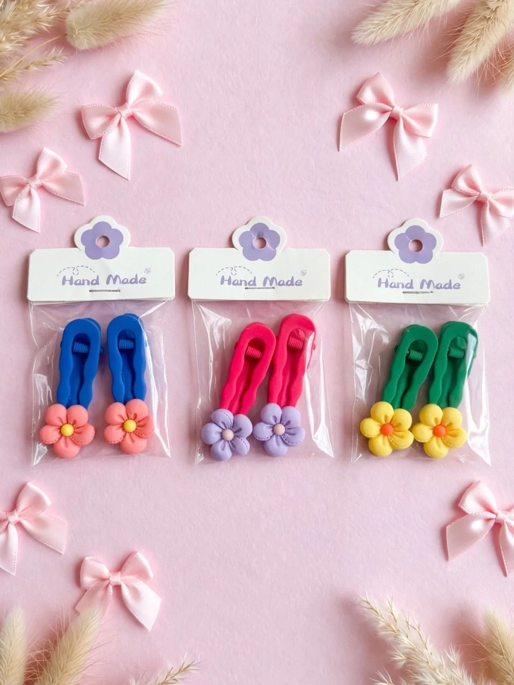 Hand Made Flower Hair Clips - Blue & Pink, Pink & Lavender, Green & Yellow